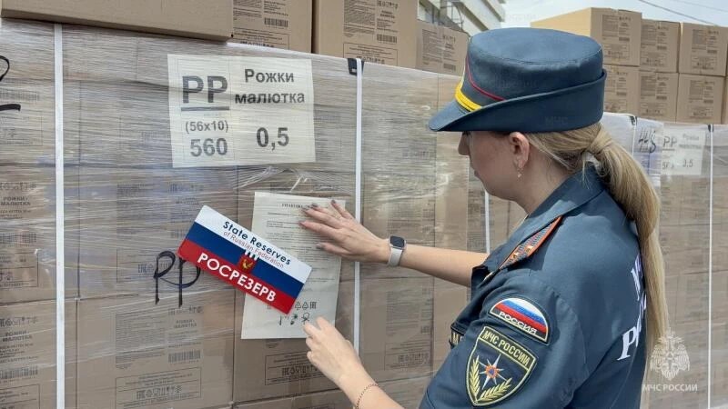 В Курскую область прибыли три колонны макарон и мясных консервов из центров МЧС