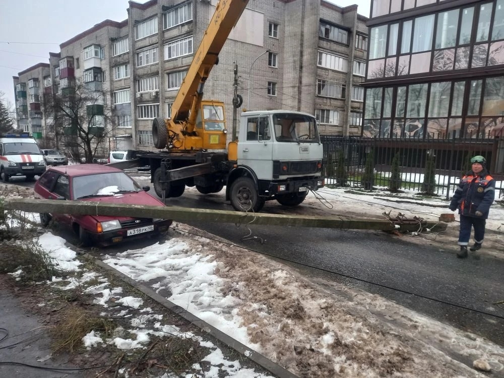В Курске на улице Халтурина дерево повалило столб на автомобиль